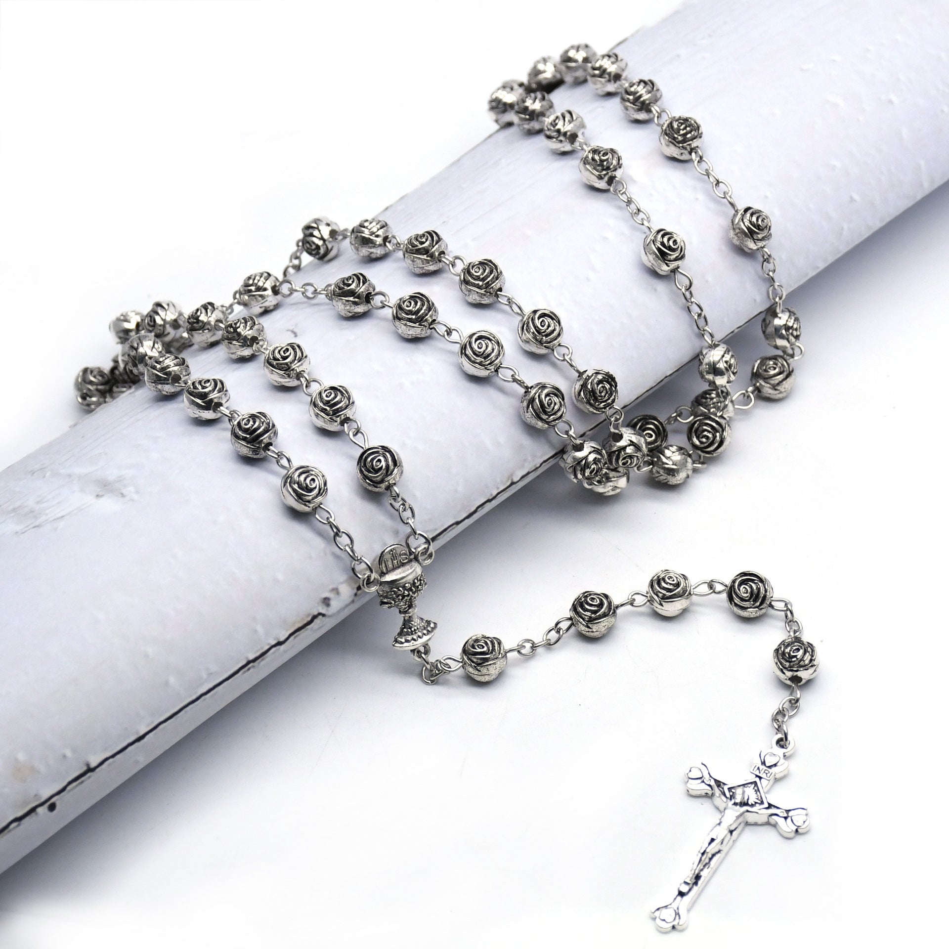 Rose Rosary Cross Necklace