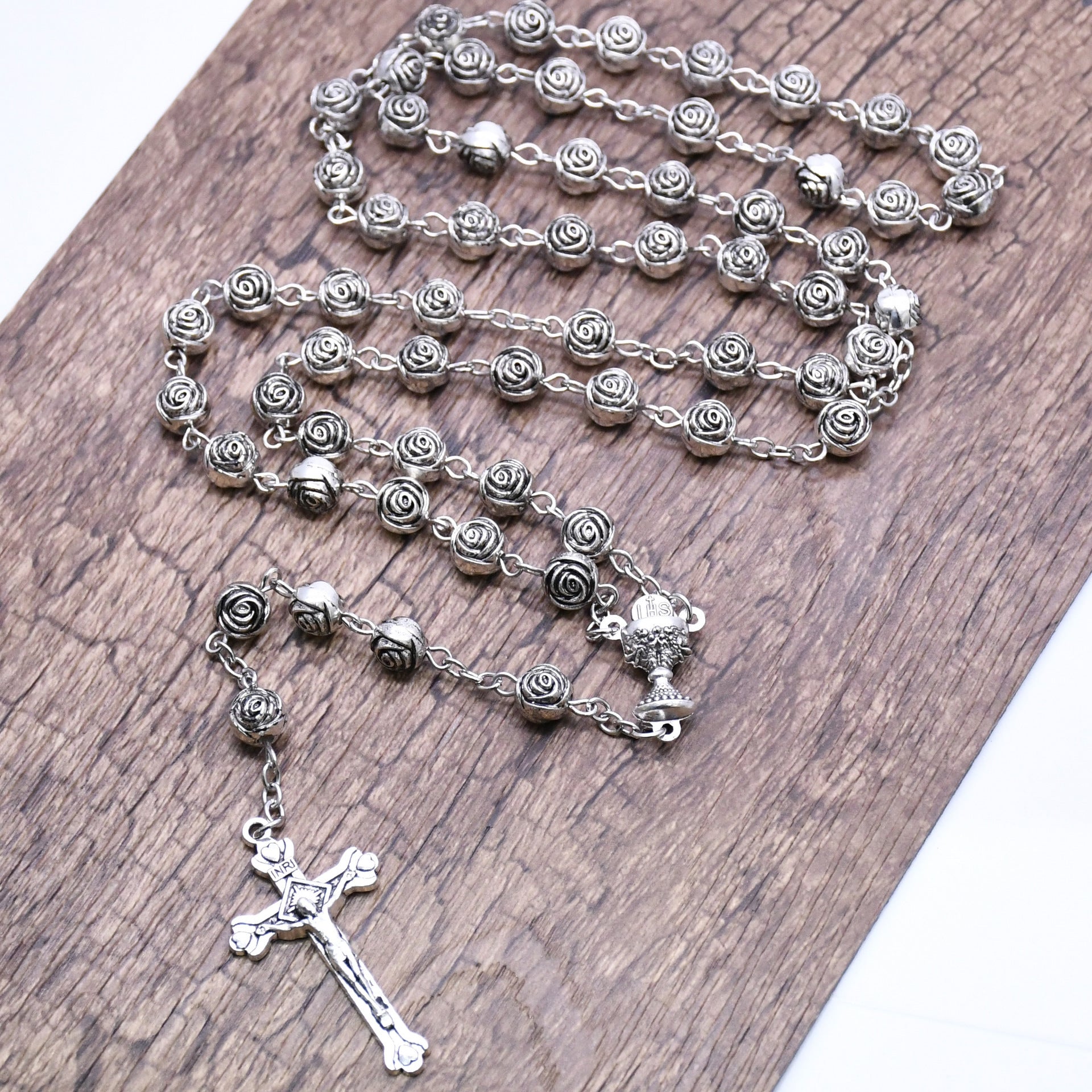 Rose Rosary Cross Necklace